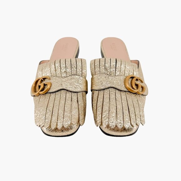 Gucci Marmont GG Fringe Flat Mule EU 38.5 US 8.5 Metallic Gold Kiltie Slip On - Picture 3 of 11
